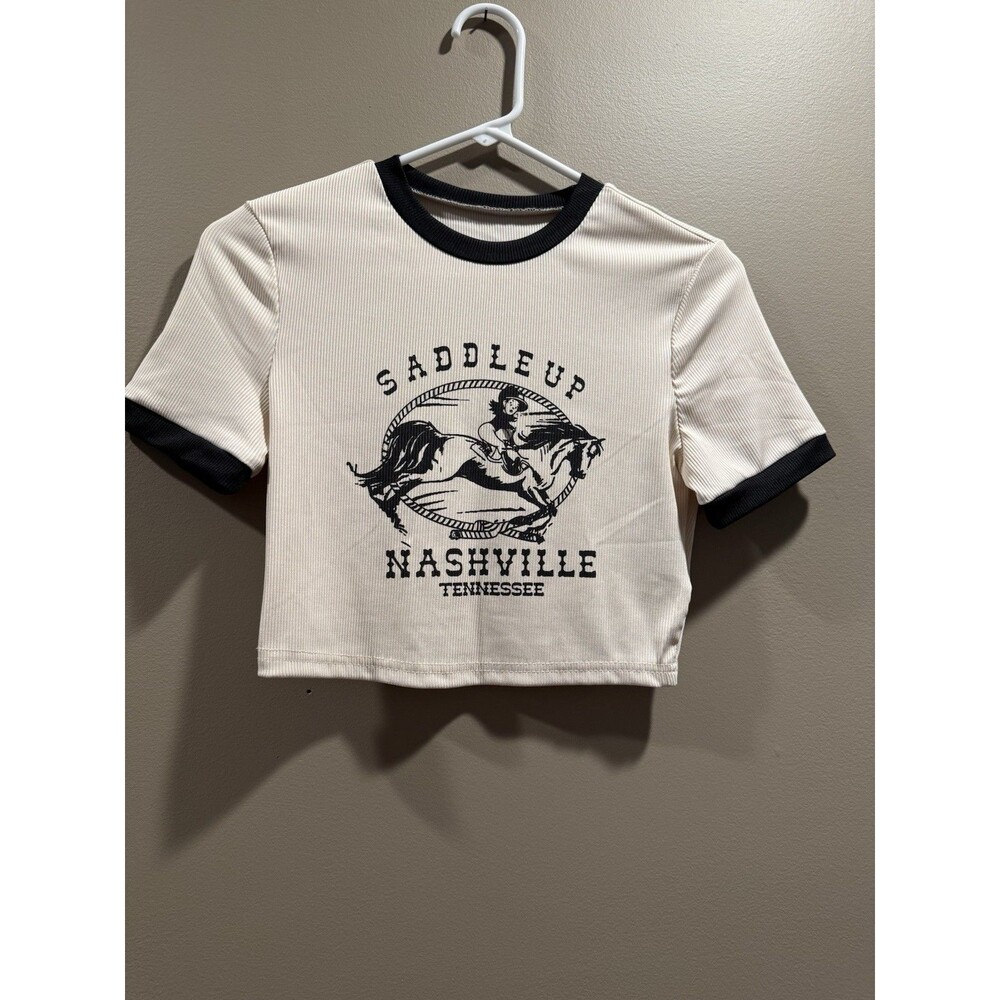 Shein Saddle Up Cream and Black Cropped Nashville Tee Size Small